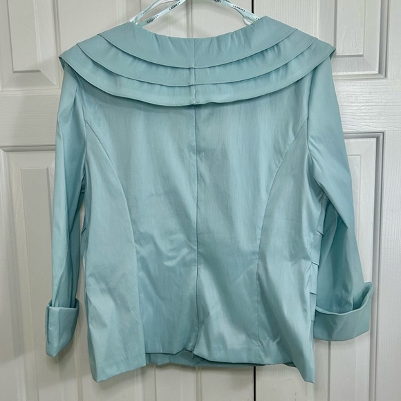 Vintage Cachet Aqua Blue Pleated V-neck Faux Wrap Rhinestone Broach Blouse Sz 12 - Picture 4 of 14